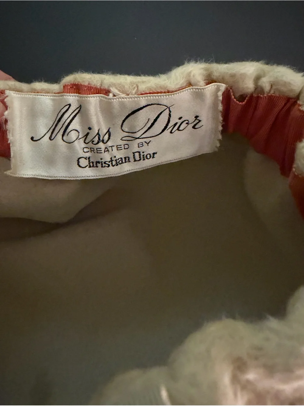Miss Dior Vintage Cream Faux Fur Christian Dior Hat with Coral Trim